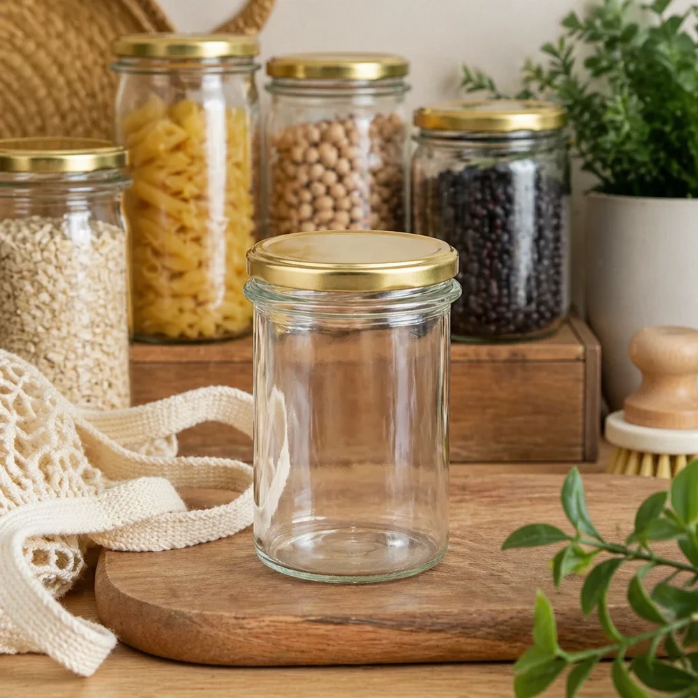 230ml Sturzglas mit BasicSeal Deckel gold UNiTWIST 230ml Sturzglas leer BasicSeal Deckel gold UNiTWIST in Zero Waste Küche mit Vorratsgläsern und Pflanzen