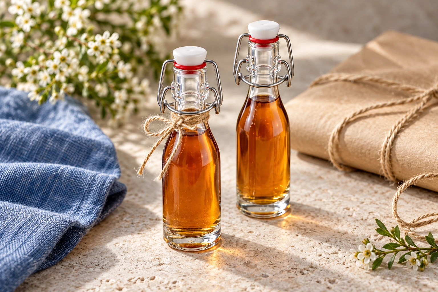 Zwei kleine Bügelflaschen mit Sirup und Geschenkband – illustriertes Anwendungsbeispiel
