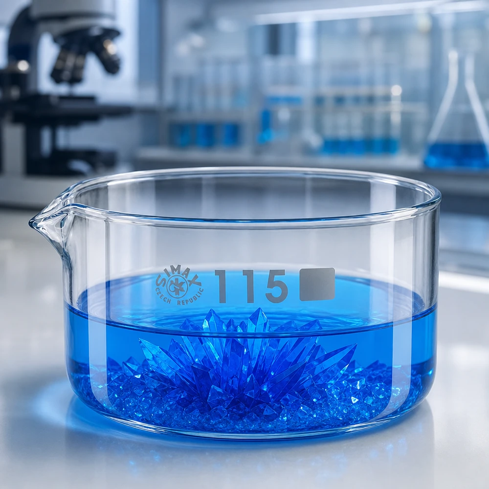 500ml Kristallisierschale mit Ausguss Borosilikat ø115mm Borosilikatglas Kristallisierschale 500ml mit blauer Kupfersulfatlösung und Kristallbildung