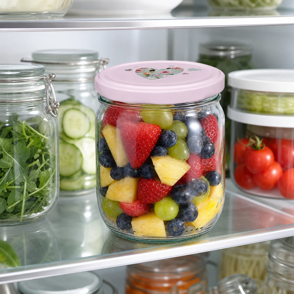 425ml Rundglas rosa Herz-Deckel mit Obstsalat Kühlschrank Aufbewahrung Erdbeeren Blaubeeren Weintrauben
