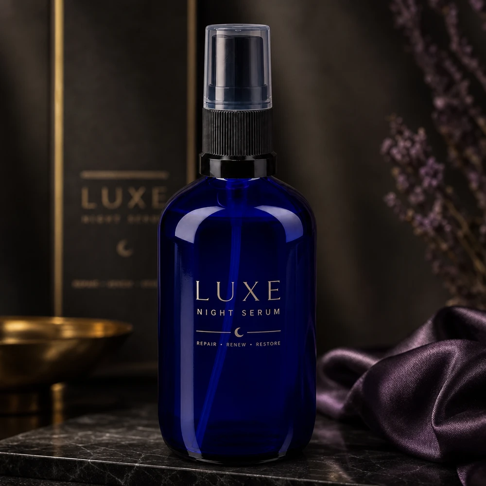 100ml blaue Apothekerglas Flasche mit Schwarzpumpe neben Goldschale und lila Satinstoff