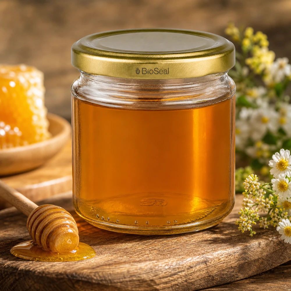 UNiTWIST Rundglas 212ml mit goldenem TO66 BioSeal Deckel gefüllt mit Honig neben Wabenhonig und Blumen