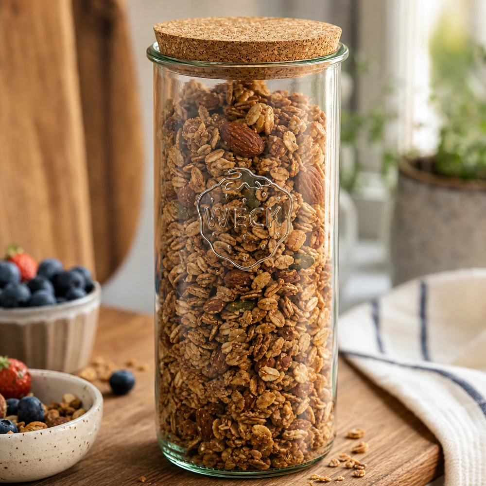 1500ml Sturzglas WECK RR100 mit Korken natur WECK Sturzglas 1500ml mit Müsli Nüssen gefüllt Korken Deckel Küchenszene Holztisch Frühstück Aufbewahrung