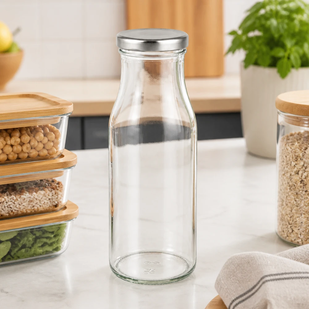 150ml Flasche 24er-Set mit Deckel (Deckelfarbe: silber) – UNiTWIST Kompakte Glasflasche 150ml mit Silberdeckel neben Kräutern und Vorratsdosen in Küche