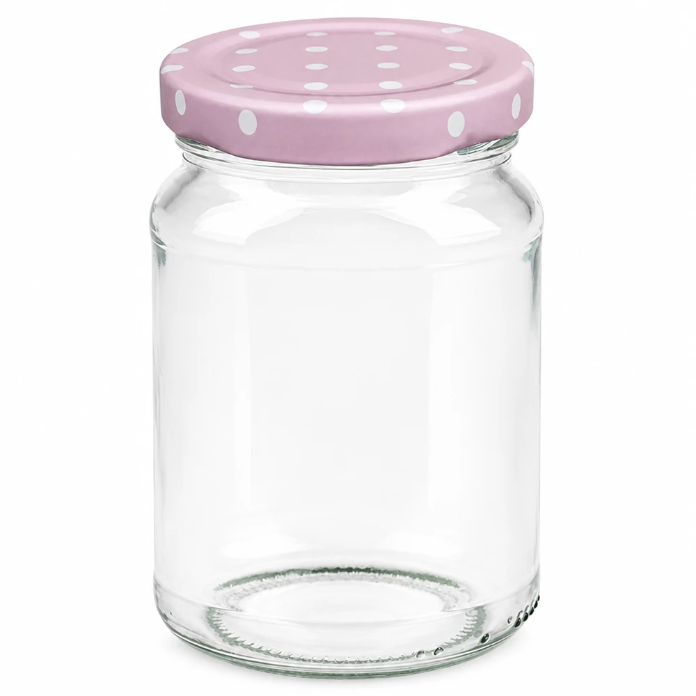 Rundes 205ml Einmachglas mit rosa BasicSeal Deckel in Punkte-Design für Marmelade und Konservierung