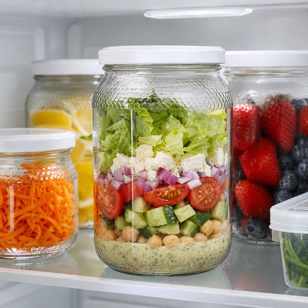 1260g Honigglas + BasicSeal Deckel weiß UNiTWIST Honigglas 900ml als Meal Prep Salatglas im Kühlschrank gefüllt mit Schichtsalat BasicSeal Deckel UNiTWIST