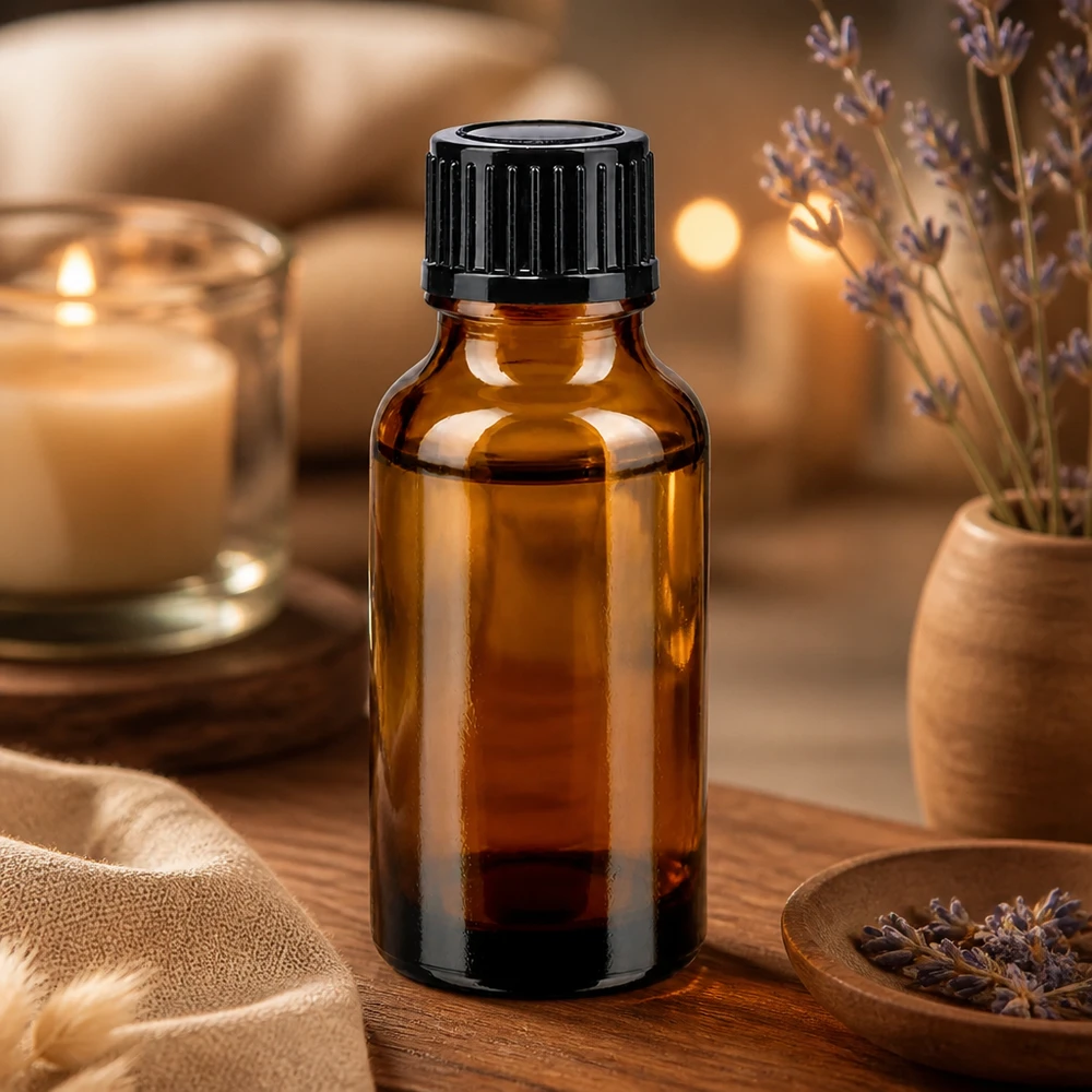 Apothekenflasche braun 20ml Schraubverschluss schwarz Standard Braune 20ml Tropfflasche mit geripptem schwarzen Verschluss neben getrockneten Lavendelblüten