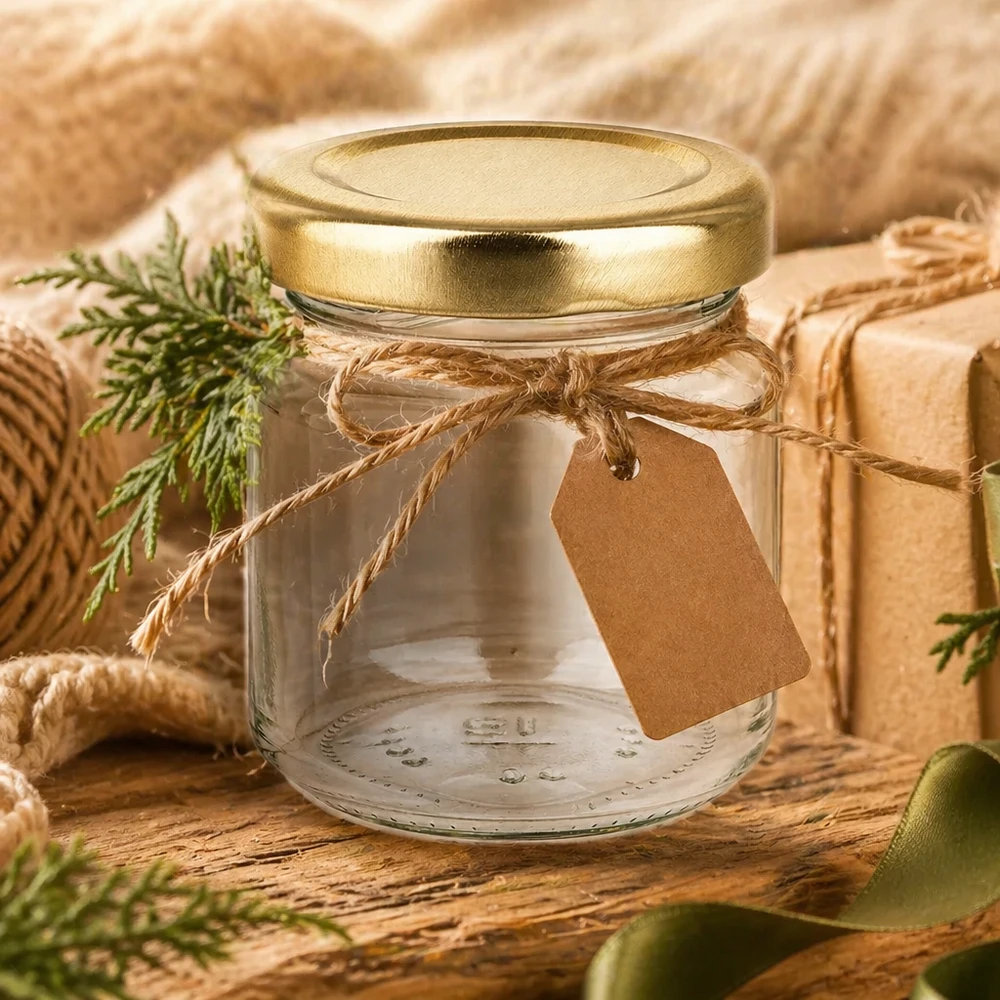 53ml Rundglas UNiTWIST mit goldenem Deckel als Geschenkidee dekoriert mit Bastband und Anhänger