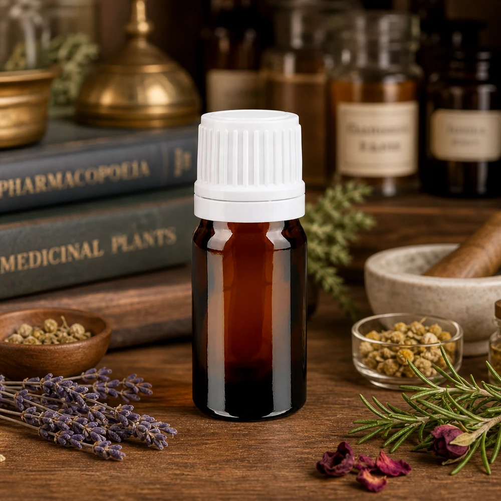 Apothekenflasche braun 5ml Schraubverschluss weiß Originalitätsverschluss Kompakte Apothekerfl 5ml Braunglas mit OV Schraubverschluss neben Mörser und Pistill