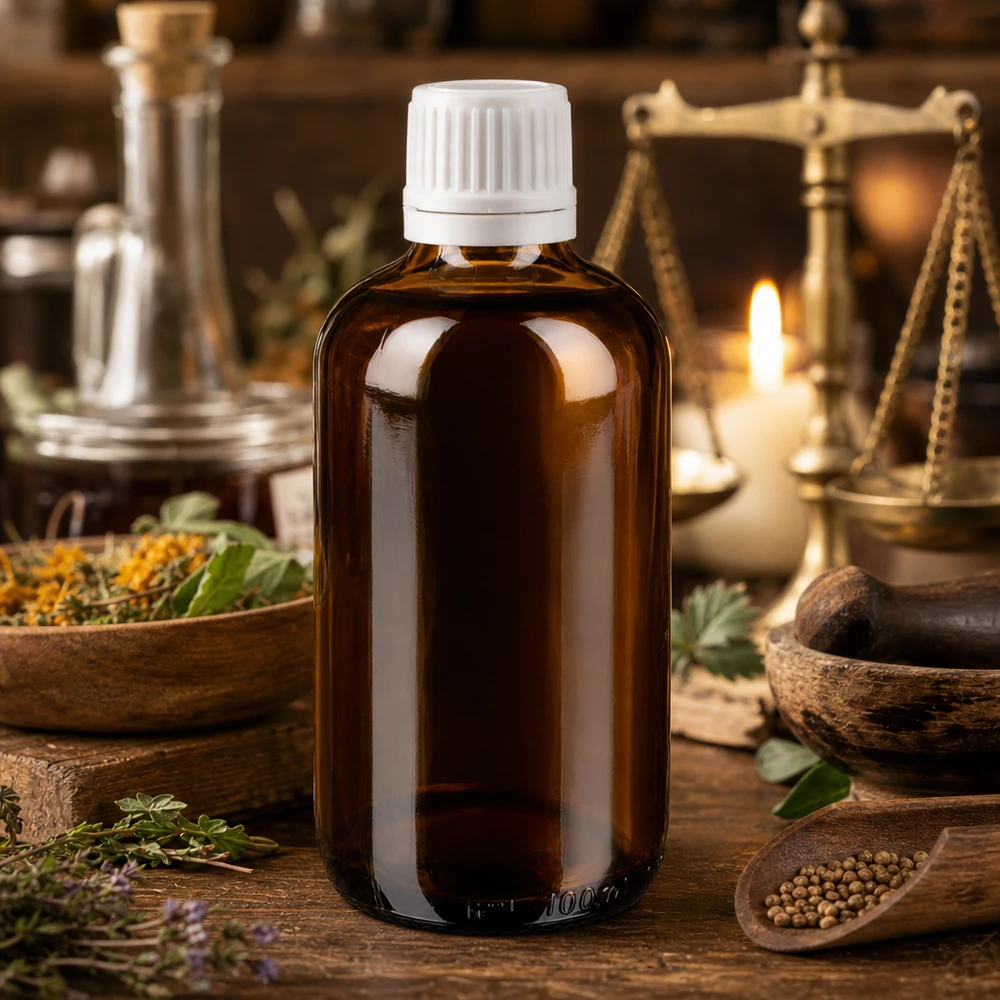 Braune Medizinflasche 100ml mit manipulationssicherem Weißverschluss im Kräuterapotheken-Setting