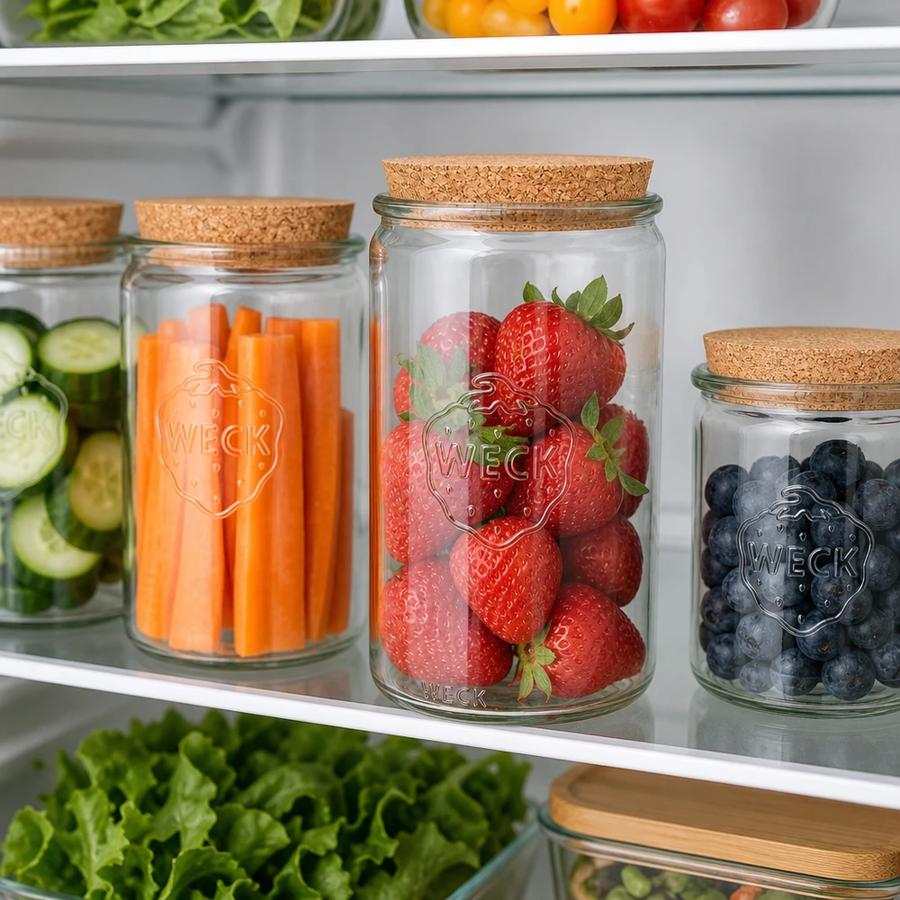 1590ml Zylinderglas WECK RR100 mit Korken natur WECK Vorratsgläser 1590ml RR100 mit Korkdeckel im Kühlschrank befüllt mit Erdbeeren Karotten Blaubeeren und Gurken