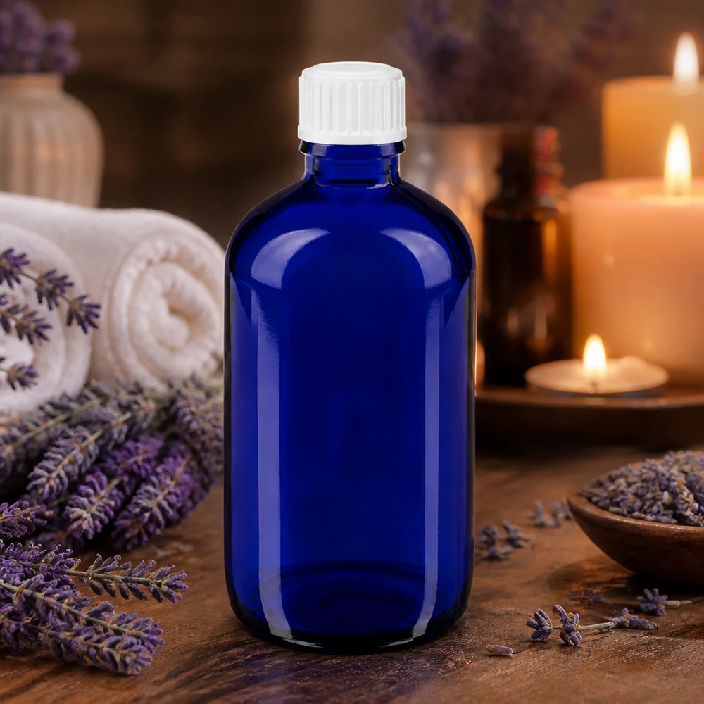 Apothekenflasche blau 100ml Schraubverschluss weiß Standard Kobaltblaue 100ml Glasflasche mit weißem Schraubdeckel für Naturkosmetik und Öle