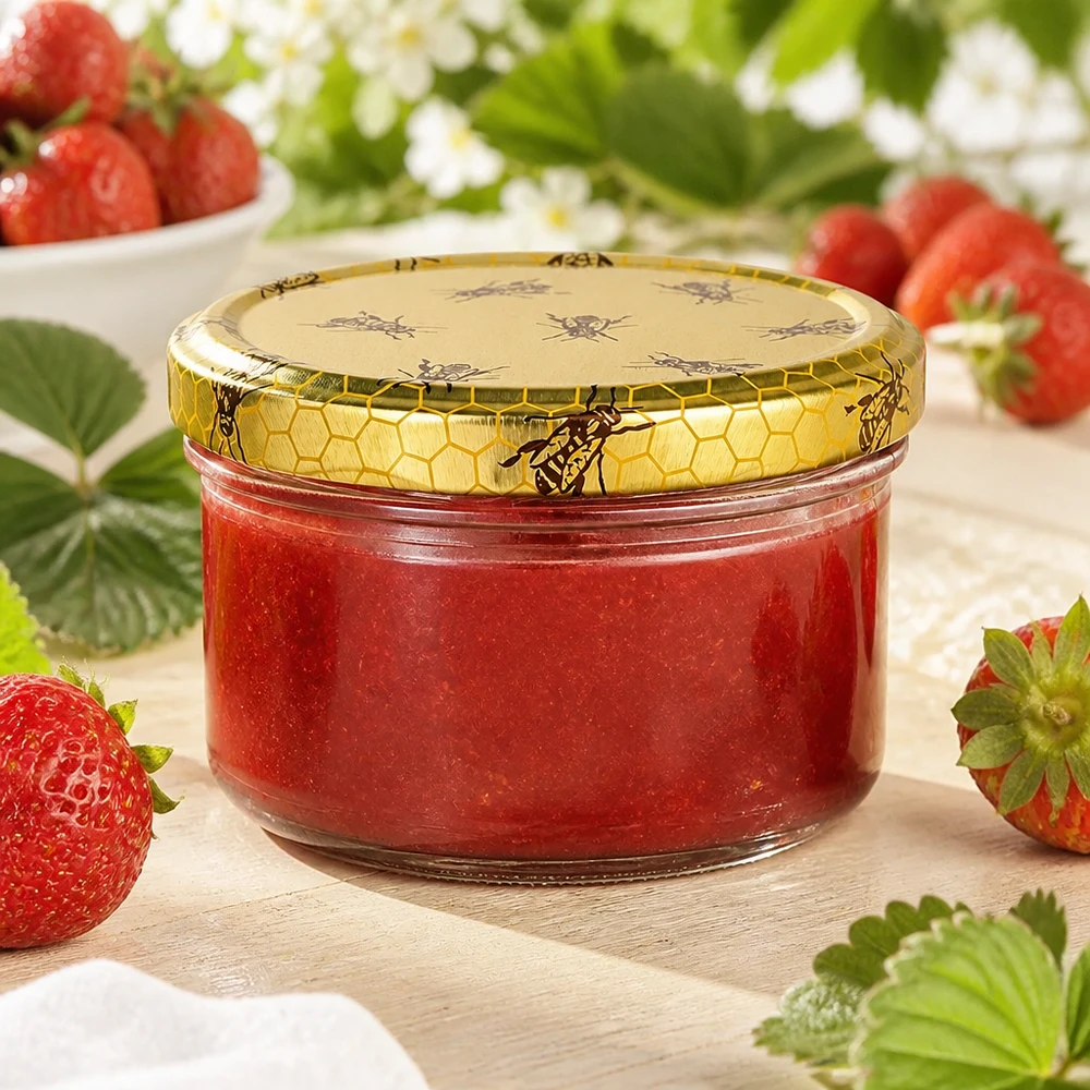 UNiTWIST 186ml Rundglas mit goldenem Bienenwaben Deckel ideal zum Einkochen von Erdbeermarmelade