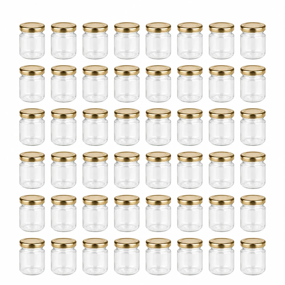 53 ml Rundglas 48er-Set mit Deckel (Deckelfarbe: gold) – UNiTWIST UNiTWIST 48 kleine Vorratsgläser 53ml rund mit goldenem Schraubverschluss