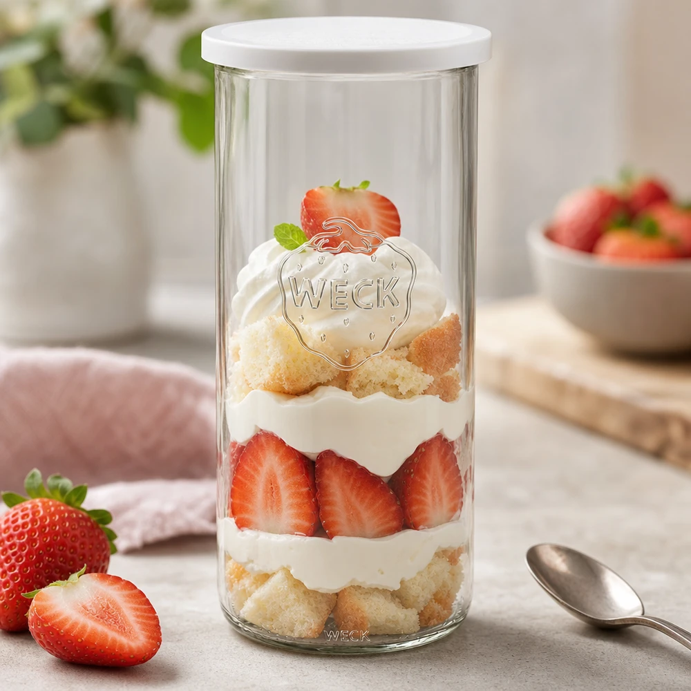 1500ml Sturzglas mit Frischedeckel WECK RR100 WECK Sturzglas 1500ml RR100 mit Erdbeerdessert gefüllt zeigt vielseitige Verwendung als Dessertteller mit Löffel