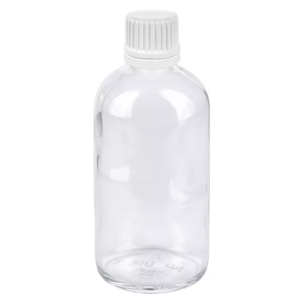 Zylindrische 100ml Tropfflasche aus klarem Glas mit weißem Sicherheitsverschluss UT18