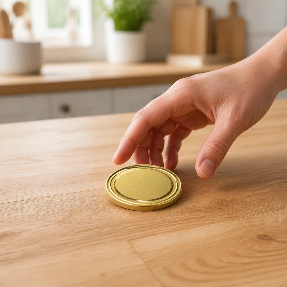 Einzelner TO43 Twist-Off-Verschluss gold BPA-frei unitemp auf hellem Holztisch UNiTWIST
