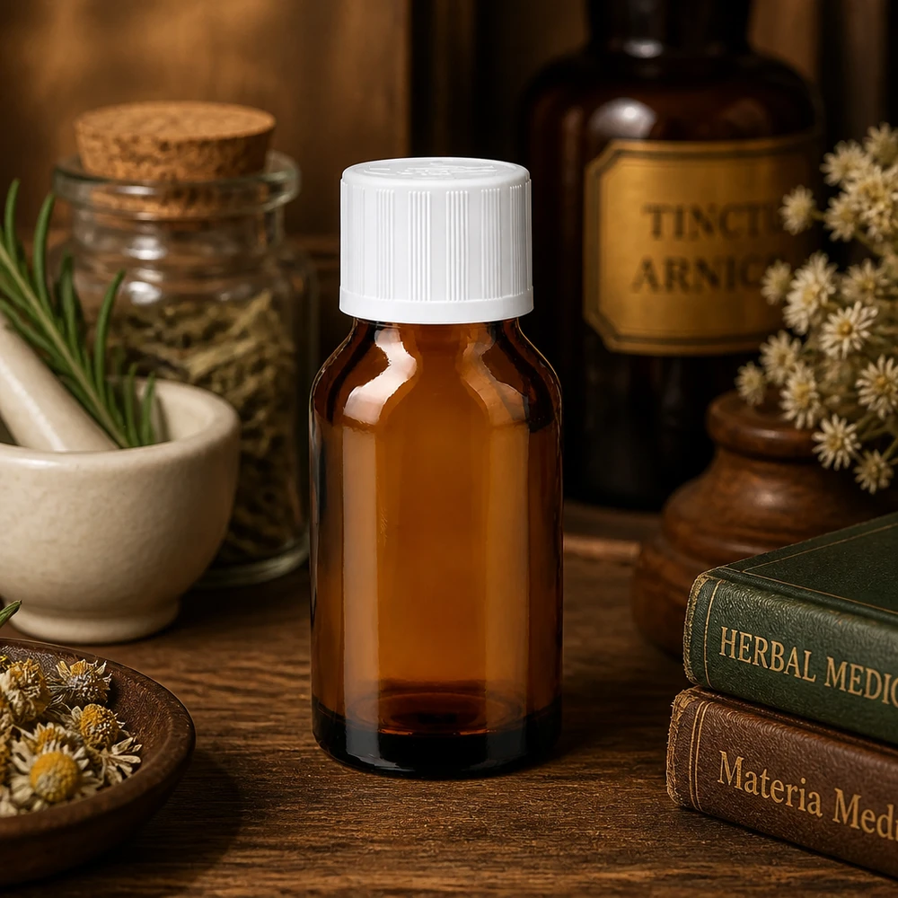 Apothekenflasche braun 30ml Tropfverschluss weiß Kindersicherung Standard 30ml Phiole aus braunem Apothekerglas mit weißem Kindersicherheitsdeckel auf rustikalem Holztisch