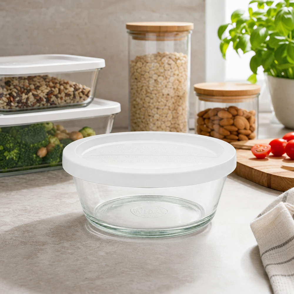 300ml Gourmetglas mit Frisched. WECK RR120 WECK RR120 Gourmetglas 300ml leer auf Küchenarbeitsplatte zwischen anderen Aufbewahrungsbehältern Lifestyle-Aufnahme