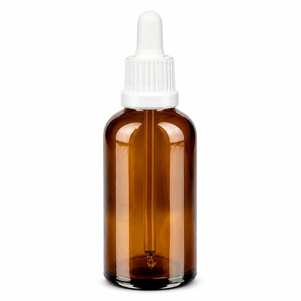 Kompakte 50ml Dosierungsflasche aus Braunglas mit ergonomischer weißer Pipette