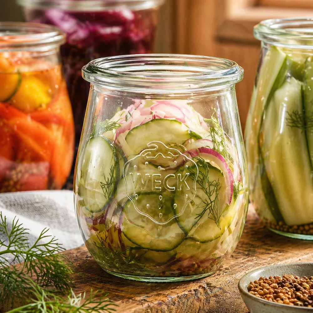 220ml Tulpenglas WECK RR60 WECK Tulpenglas 220ml RR60 mit eingelegten Gurken und Dill gefüllt neben bunten Einmachgläsern Konserven Küche