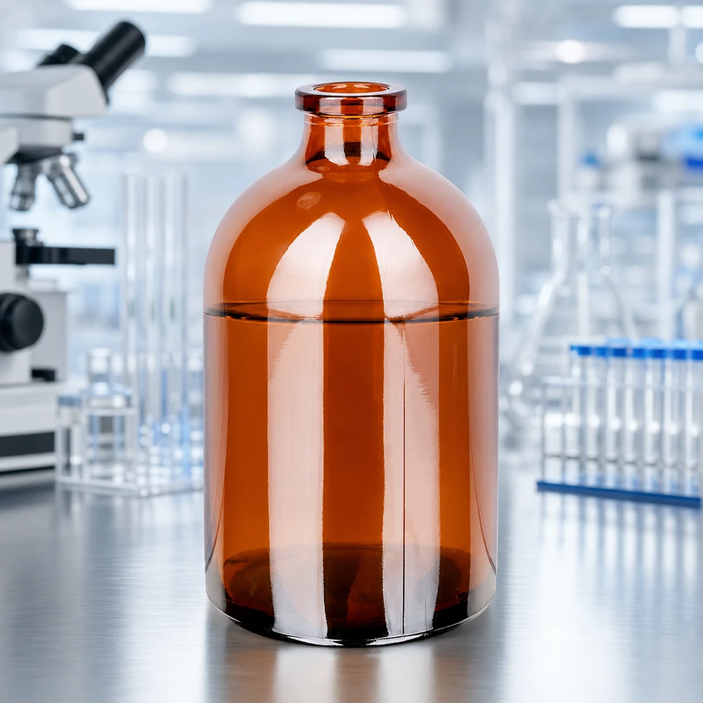 Injektionsflasche Braunglas 100ml Sterile Braunglas-Injektionsflasche 100ml für Infusionslösungen vor professioneller Laborausstattung