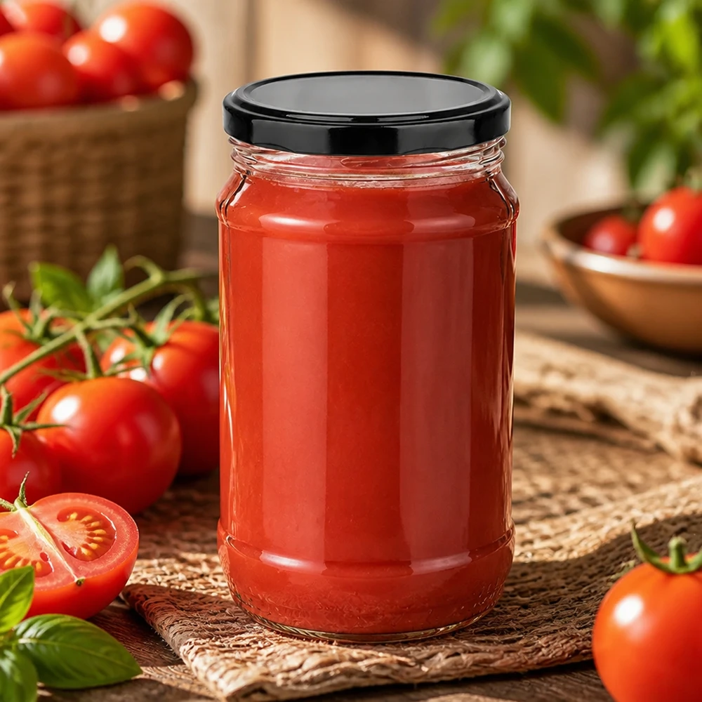 UNiTWIST 370ml Rundglas mit schwarzem BasicSeal Deckel perfekt für die Vorratshaltung von Tomatensaucen