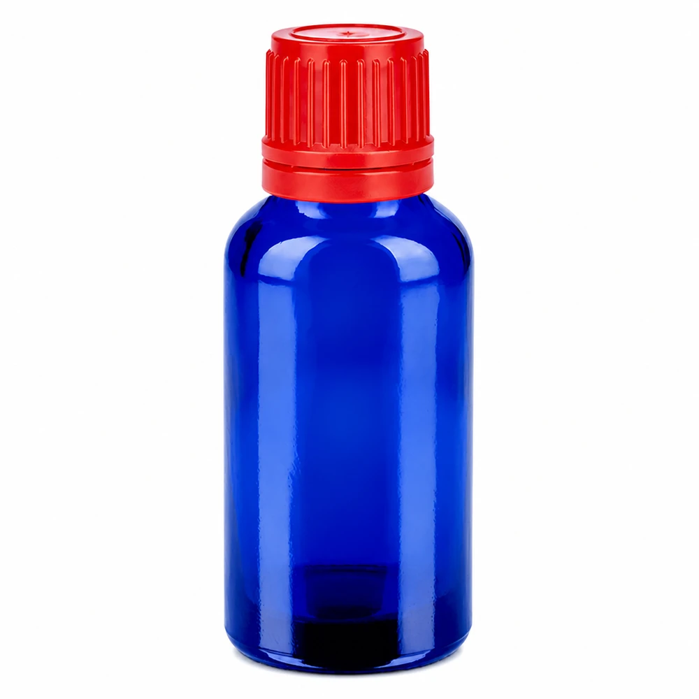30ml Flasche 11mm Schraubverschluss rot Originalitätsverschluss BlueLine UT18/30 Premium Tropfflasche 30ml cobaltblau mit UV-Schutz und auslaufsicherem roten Verschluss