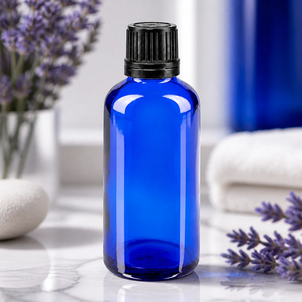 Runde blaue Tropfflasche 50ml aus Apothekenglas mit schwarzem Schraubdeckel und Lavendeldeko