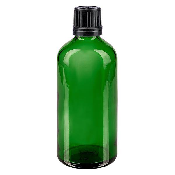 Apothekenflasche grün 100ml Tropfverschluss Premium 1mm schwarz Originalitätsverschluss Apothekenflasche grün 100ml Tropfverschluss Premium 1mm schwarz Originalitätsverschluss