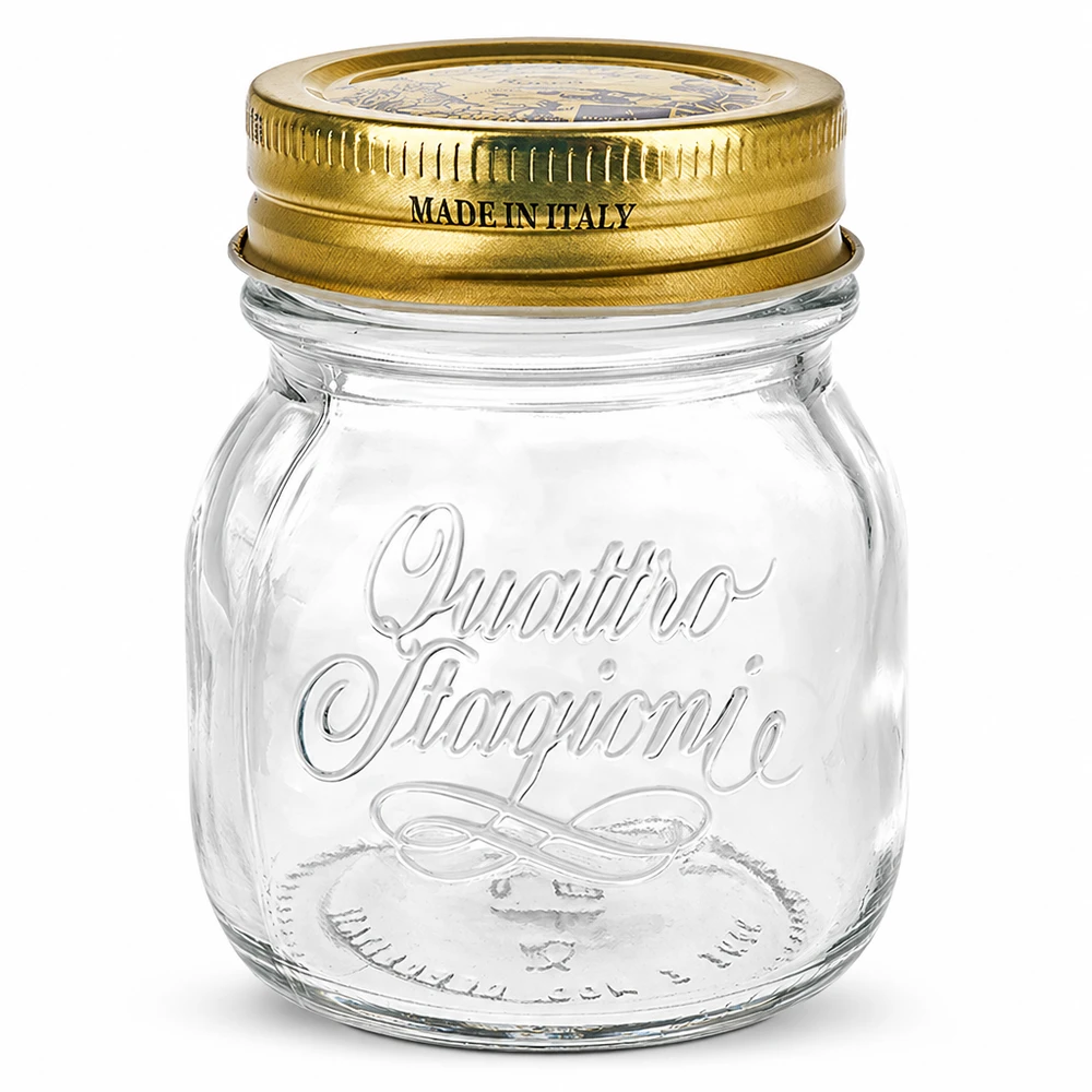 150 ml Quattro-Stagioni-Rundglas mit goldenem QS56-Deckel – Originalproduktfoto