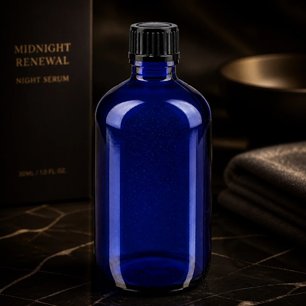 Apothekerglasflasche 100ml in Kobaltblau mit schwarzem Deckel auf dunkler Marmoroberfläche