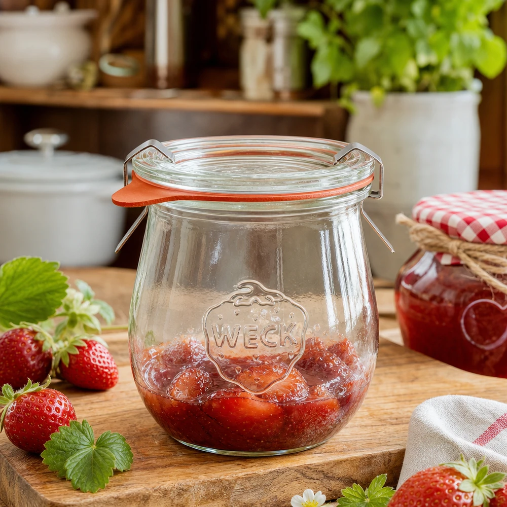 WECK Tulpenglas 220ml mit Erdbeermarmelade befüllt auf Holzbrett in gemütlicher Küche mit frischen Erdbeeren
