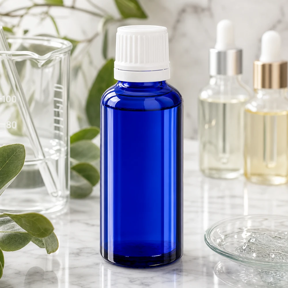 Blaue Glasflasche 30ml mit weißem Tropfaufsatz zur Abfüllung von Naturkosmetik und Ölen