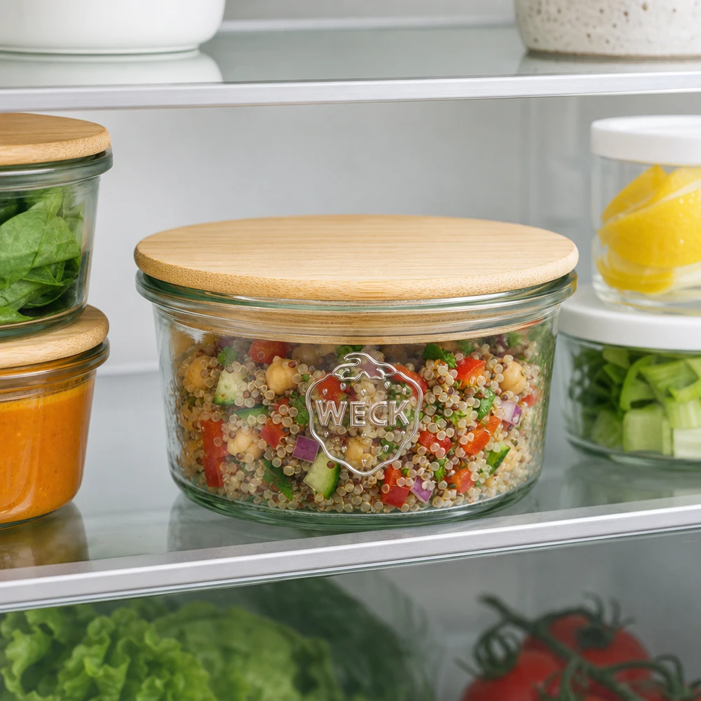165ml Sturzglas WECK RR80 mit Holzdeckel WECK Glas RR80 165ml mit Bambusdeckel zur Meal-Prep-Organisation im Kühlschrank mit Quinoa-Salat gefüllt