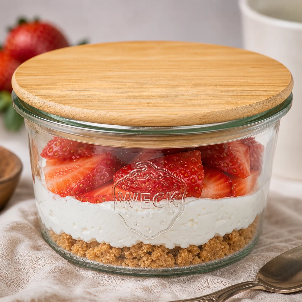 80ml Sturzglas WECK RR60 mit Holzdeckel WECK Glas 80ml RR60 Bambusdeckel Schichtdessert Erdbeeren Joghurt Keksboden Portion einzeln servieren