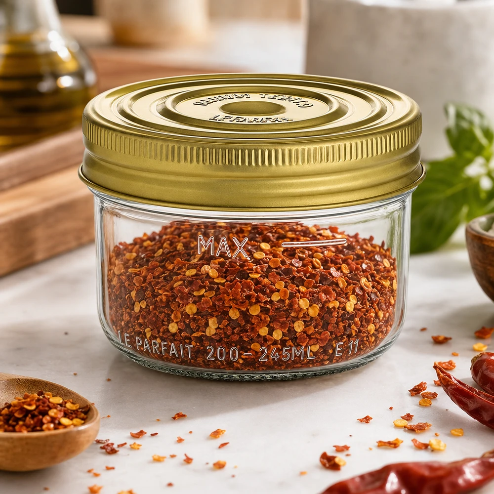 245ml Sturzglas "Familia Wiss" 2-teiliges Deckelsystem Le Pa 245ml Sturzglas Familia Wiss mit goldenen Deckel gefüllt mit roten Chili Flocken auf Küchentisch mit Gewürzen