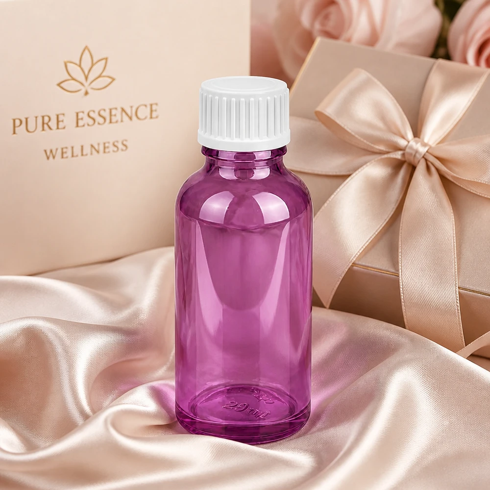 30ml Designerflasche aus violettem Glas mit mattweißem Verschluss für exklusive Produkte