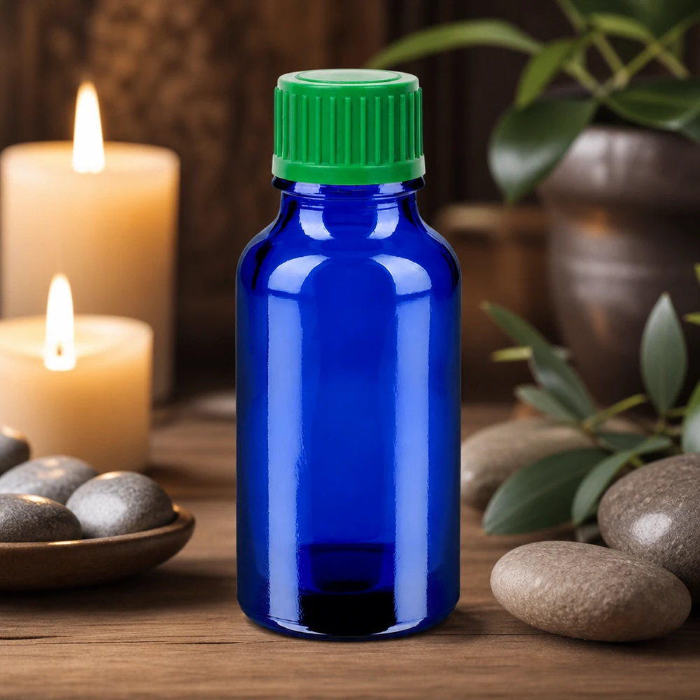 20ml Tropfflasche 0.8mm grün Standardverschluss BlueLine UT18/20 20ml Tropfbehälter aus UV-schützendem blauen Glas mit sicherem grünem Verschlusssystem UT18/20