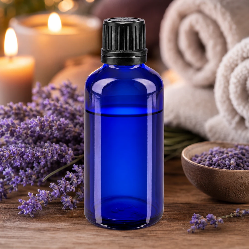 Pharmaglas Tropfflasche 50ml blau mit schwarzem Originalverschluss für Ätherische Öle
