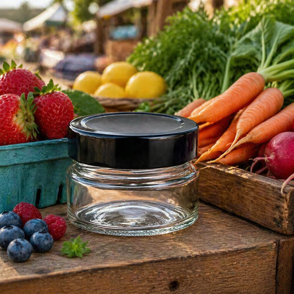 80ml Rundglas BasicSeal schwarz auf Holztisch mit frischem Obst Gemüse Marktstand Atmosphäre vielseitig einsetzbar