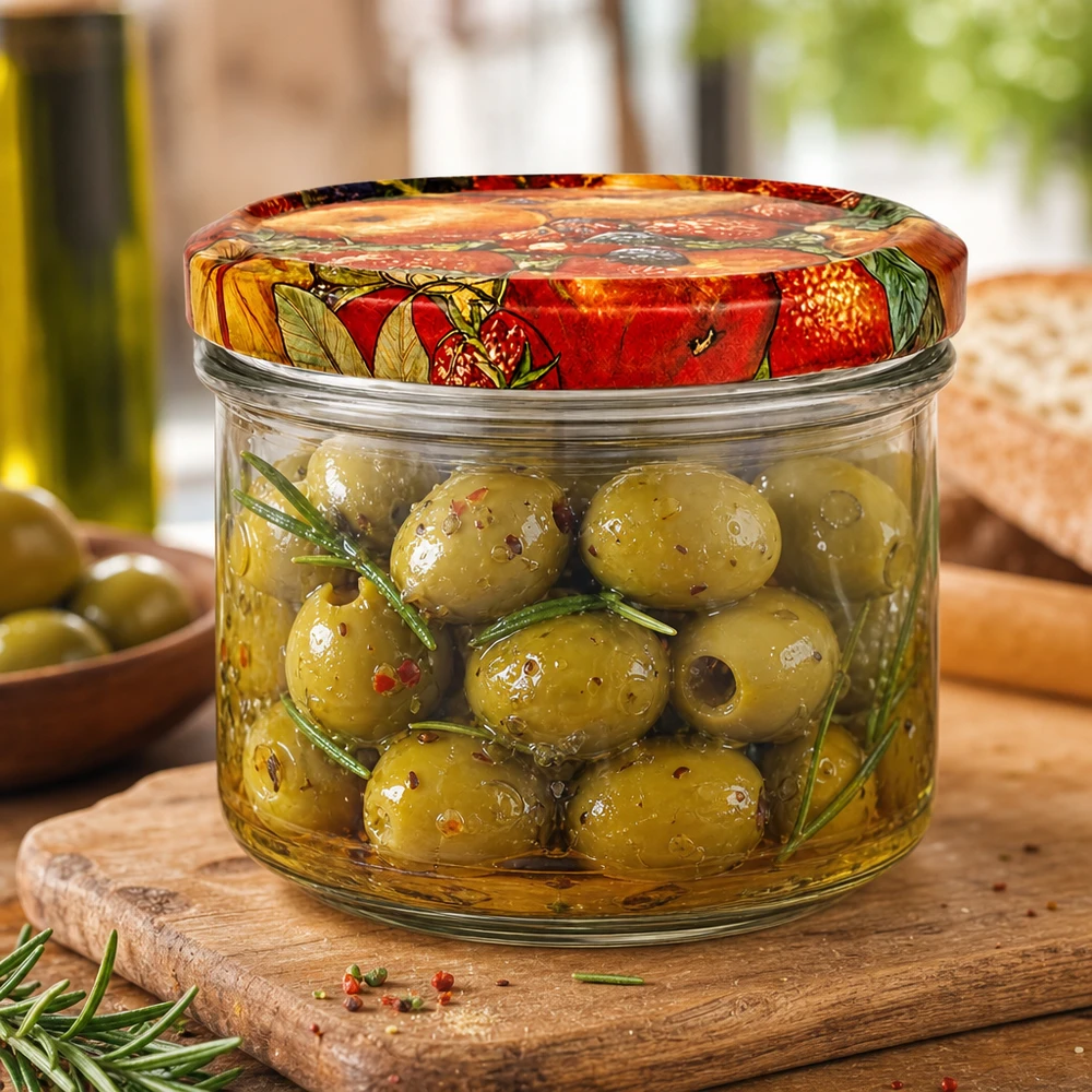 225ml Sturzglas + BasicSeal Deckel Obst-Dekor UNiTWIST 225ml Sturzglas Obst-Dekor mit marinierten Oliven gefüllt, Einmachglas für mediterrane Antipasti und Delikatessen