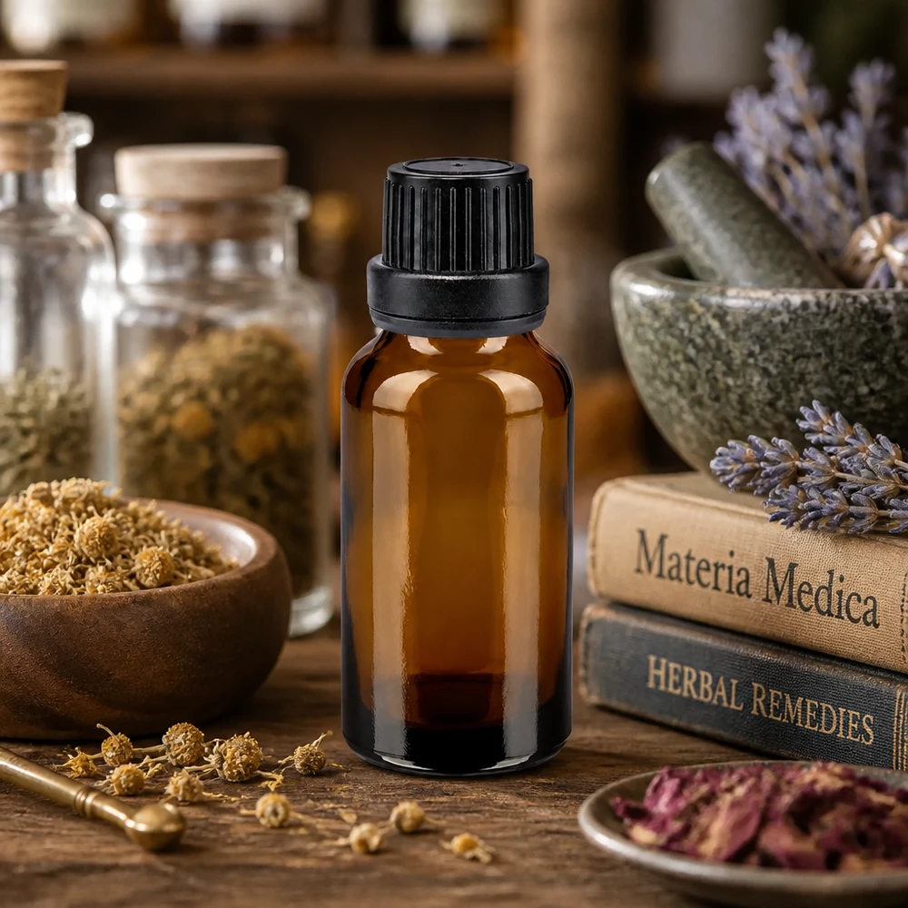 Lichtgeschützte 20ml Braunglasflasche mit schwarzem Originalitätsverschluss für Tinkturenherstellung