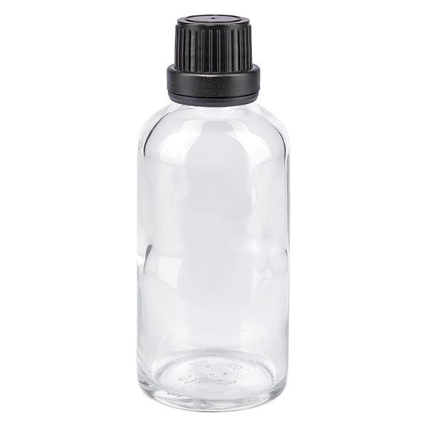 Apothekenflasche klar 50ml Tropfverschluss Giessring 2mm schwarz Originalitätsverschluss Apothekenflasche klar 50ml Tropfverschluss Giessring 2mm schwarz Originalitätsverschluss