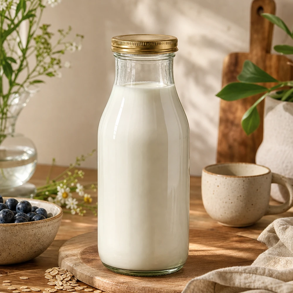 263ml Flasche mit BioSeal Deckel gold UNiTWIST UNiTWIST Bottle263 Glasflasche mit Milch gefüllt und goldenem TO43 BioSeal Deckel in natürlicher Küchenszene
