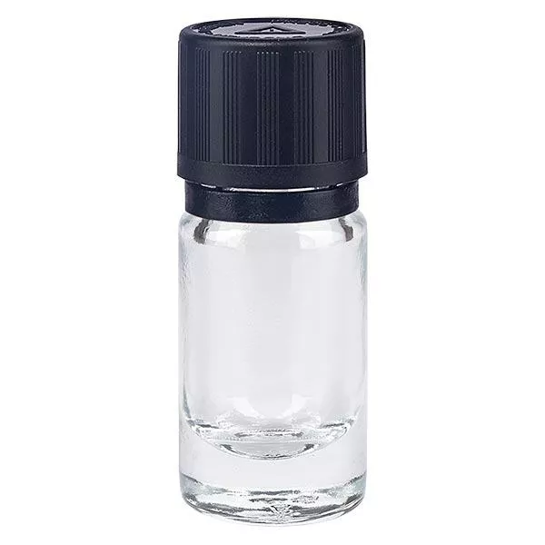 Apothekenflasche klar 5ml Tropfer Giessring 1mm schwarz Kindersicherung Blindenwarnsymbol Originalitätsverschluss Apothekenflasche klar 5ml Tropfer Giessring 1mm schwarz Kindersicherung Blindenwarnsymbol Originalitätsverschluss