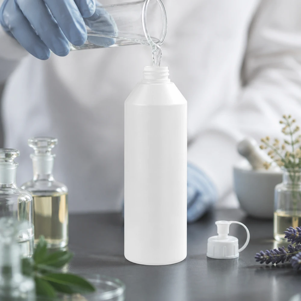 Apothekenflasche HDPE 250ml weiß mit Spritzverschluss Semitransparente weiße HDPE Flasche 250ml mit weißem Spritzverschluss daneben auf Labortisch