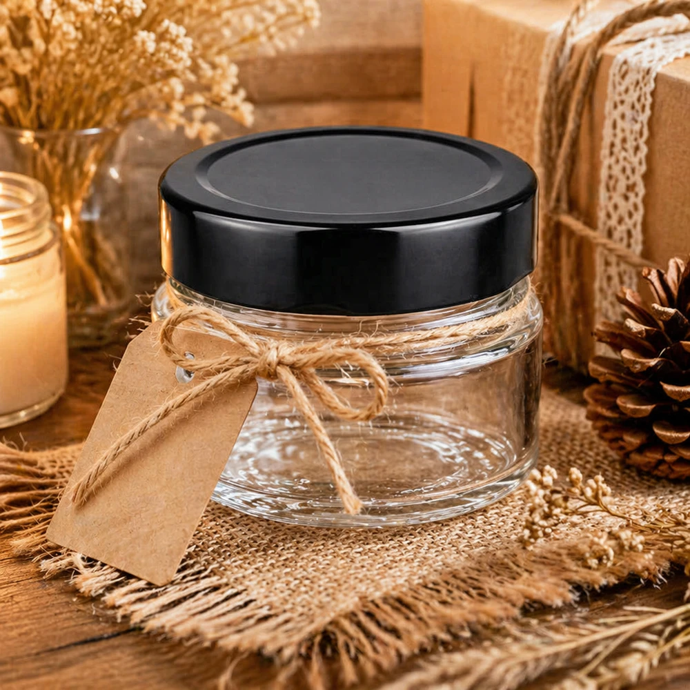 80ml Rundglas schwarz transparent Kosmetiktiegel dekorativ arrangiert mit Geschenkband natürliche Deko BasicSeal