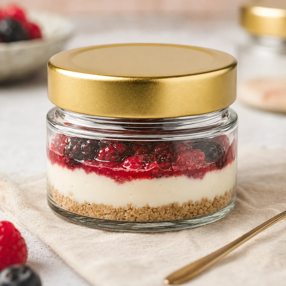80ml Rundglas mit BasicSeal Deckel gold deep als Dessertglas mit Cheesecake und Beeren in eleganter Tischdeko