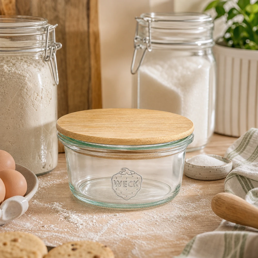 50ml Mini Sturzglas WECK RR60 mit Holzdeckel WECK Mini Sturzglas 50ml mit Bambusdeckel in gemütlicher Backstube zwischen Mehl, Eiern und Backutensilien auf Holzbrett